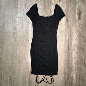 Almost Famous Black Ruched Bodycon Midi Dress Medium Square Neck Cap Sleeve